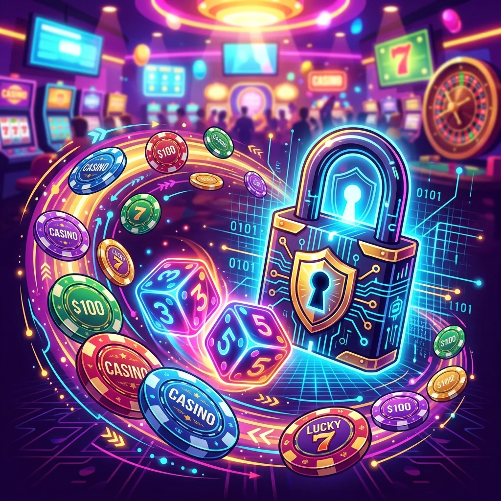 高飽和娛樂風格插畫，結合遊戲元素與數位隱私防護象徵