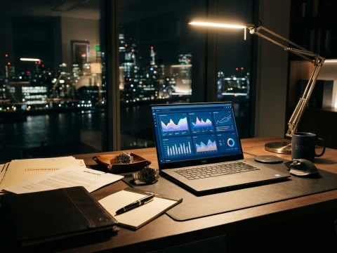 現代企業辦公桌上的筆記型電腦與商業數據文件展現專業營運分析視角