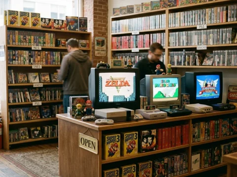 復古遊戲機商店內陳列的各式經典主機與卡匣