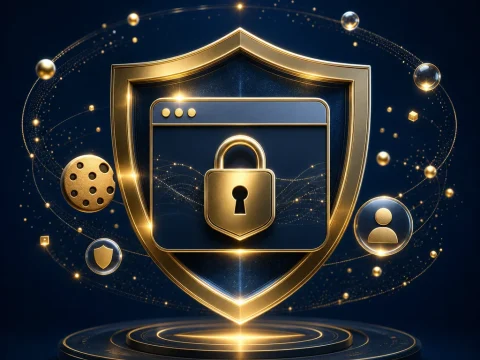 以盾牌與安全鎖呈現瀏覽器 Cookie 管理和帳戶安全的深藍金色封面插畫