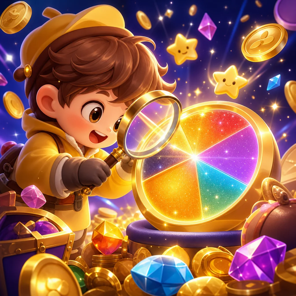 角色以放大鏡理解遊戲回報率資訊的輔助插畫
