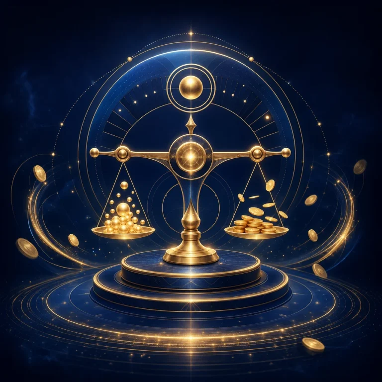 以抽象平衡儀與金幣呈現線上電子遊戲 RTP 概念的封面插圖