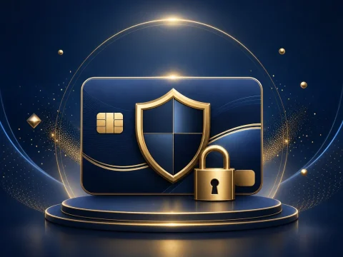 抽象安全支付卡片與鎖頭的深藍金色封面插畫