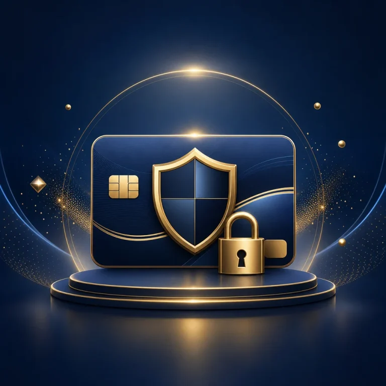 抽象安全支付卡片與鎖頭的深藍金色封面插畫