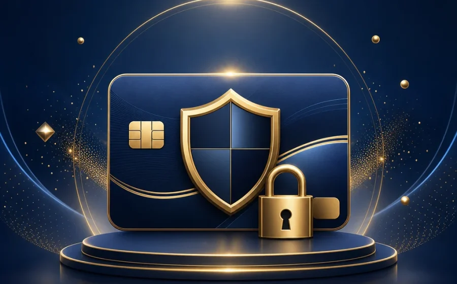 抽象安全支付卡片與鎖頭的深藍金色封面插畫