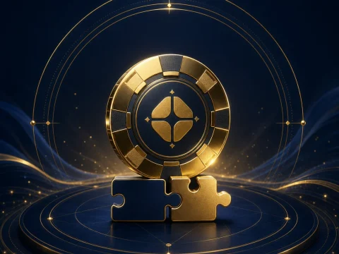 線上電子遊戲供應商資訊辨識的金色晶片與拼圖封面插畫