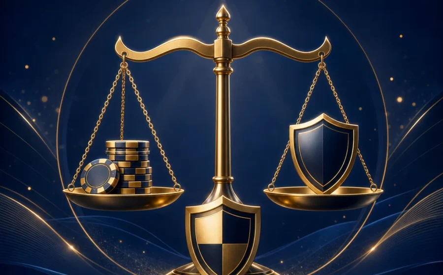 以平衡秤與盾牌呈現線上電子遊戲單次金額及預算管理概念的封面插圖