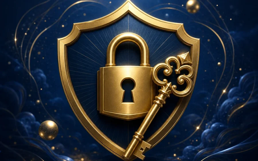 深海軍藍與金色風格的帳戶密碼安全盾牌插畫