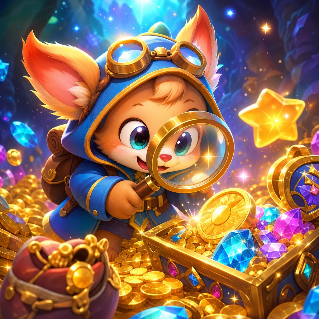 可愛角色以放大鏡核對金幣與寶石的娛樂風格插畫