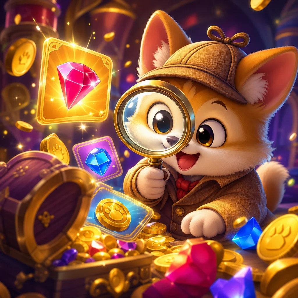以放大鏡判讀遊戲符號與獎勵規則的插畫