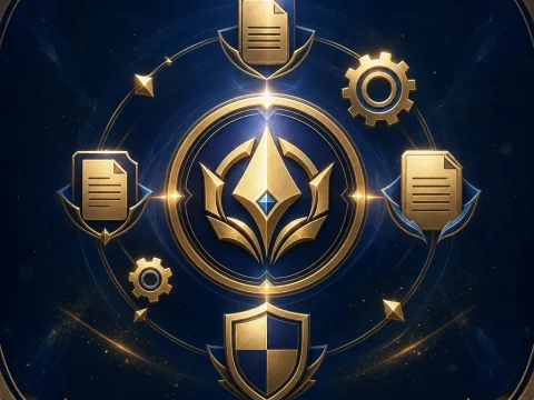 線上電子遊戲更新公告與安全核對的抽象封面插畫