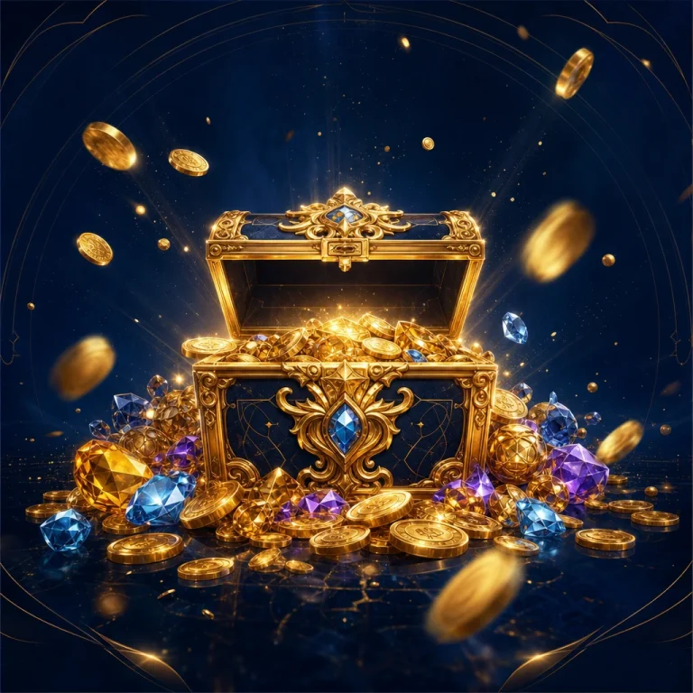 深海軍藍與金色風格的累積獎池寶箱封面插畫