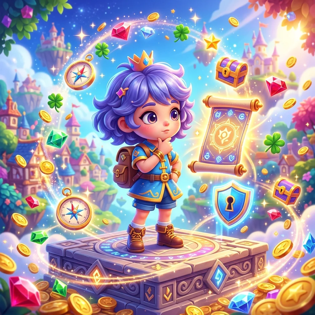 原創角色觀察遊戲規則與安全盾牌的試玩風險判讀插畫