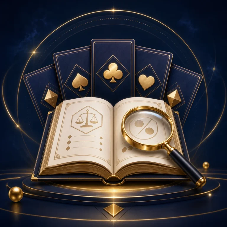 以規則說明冊與放大鏡呈現線上電子遊戲賠付表概念的深藍金色封面插圖