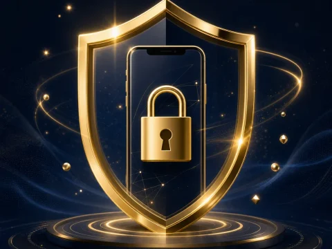 金色盾牌守護手機與鎖頭的帳號安全示意圖