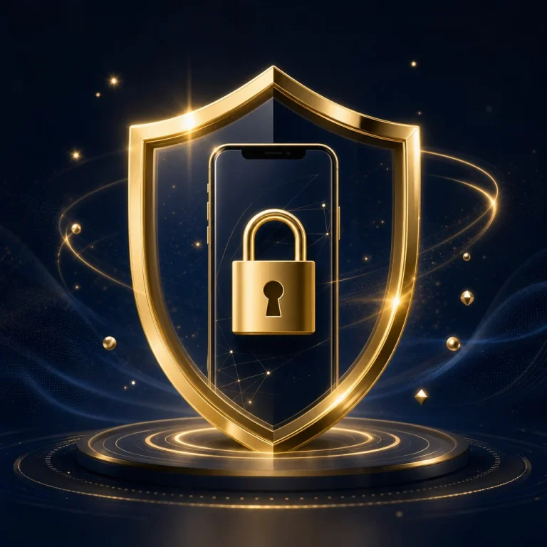 金色盾牌守護手機與鎖頭的帳號安全示意圖