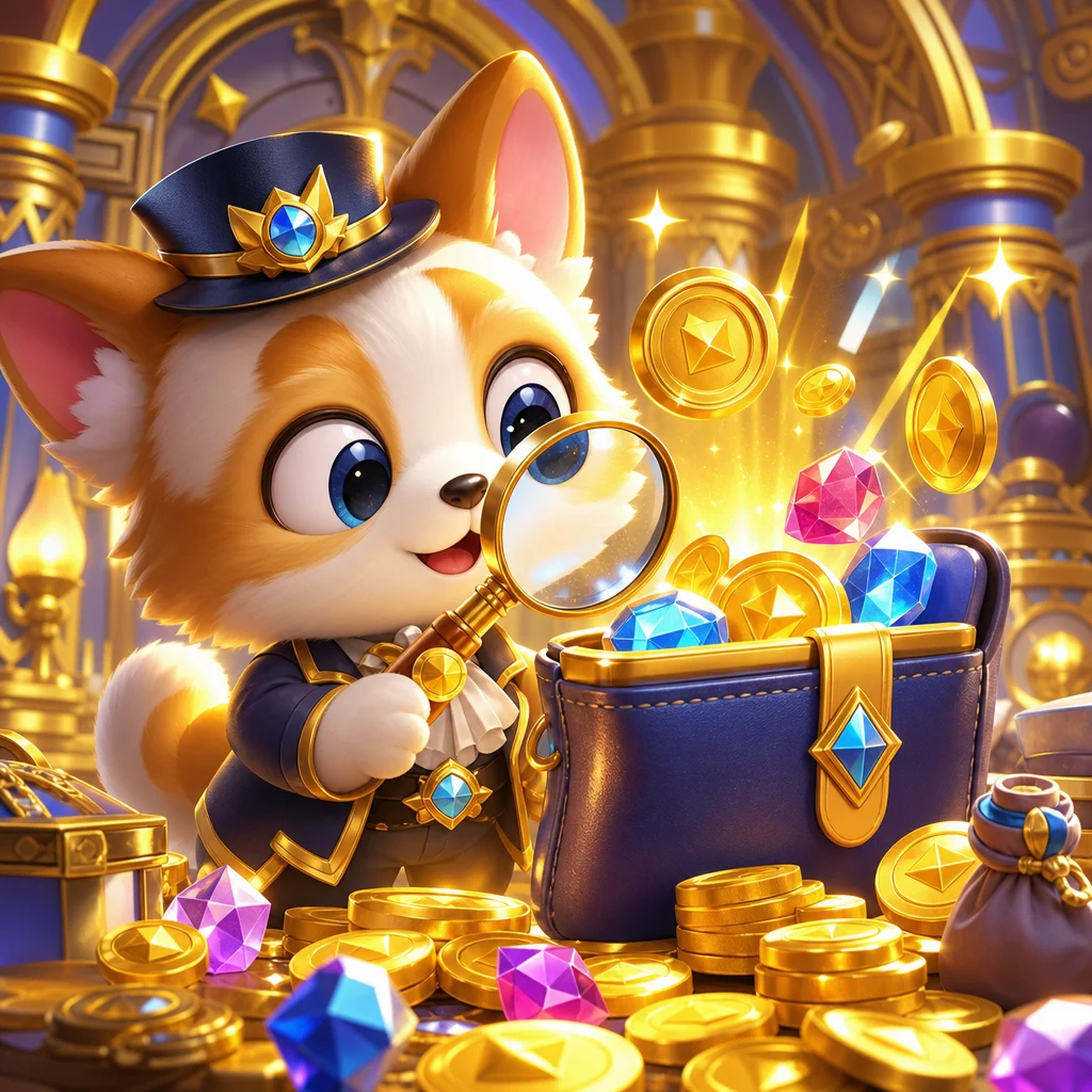 可愛角色用放大鏡核對錢包與金幣的餘額管理插畫